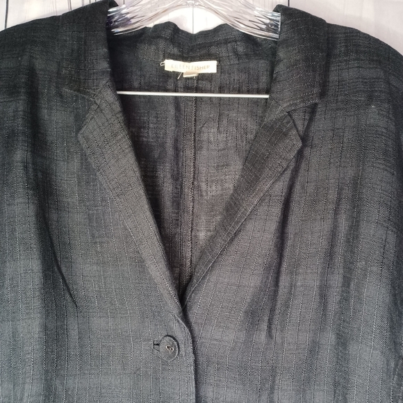 Eileen Fisher 3/4 Sleeve Black Striped Plaid 100% Linen Button-Up Blazer - Picture 8 of 14